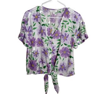 Charter Club Luxury Blouse Women's Medium Linen Purple Floral Short Sleeve Top